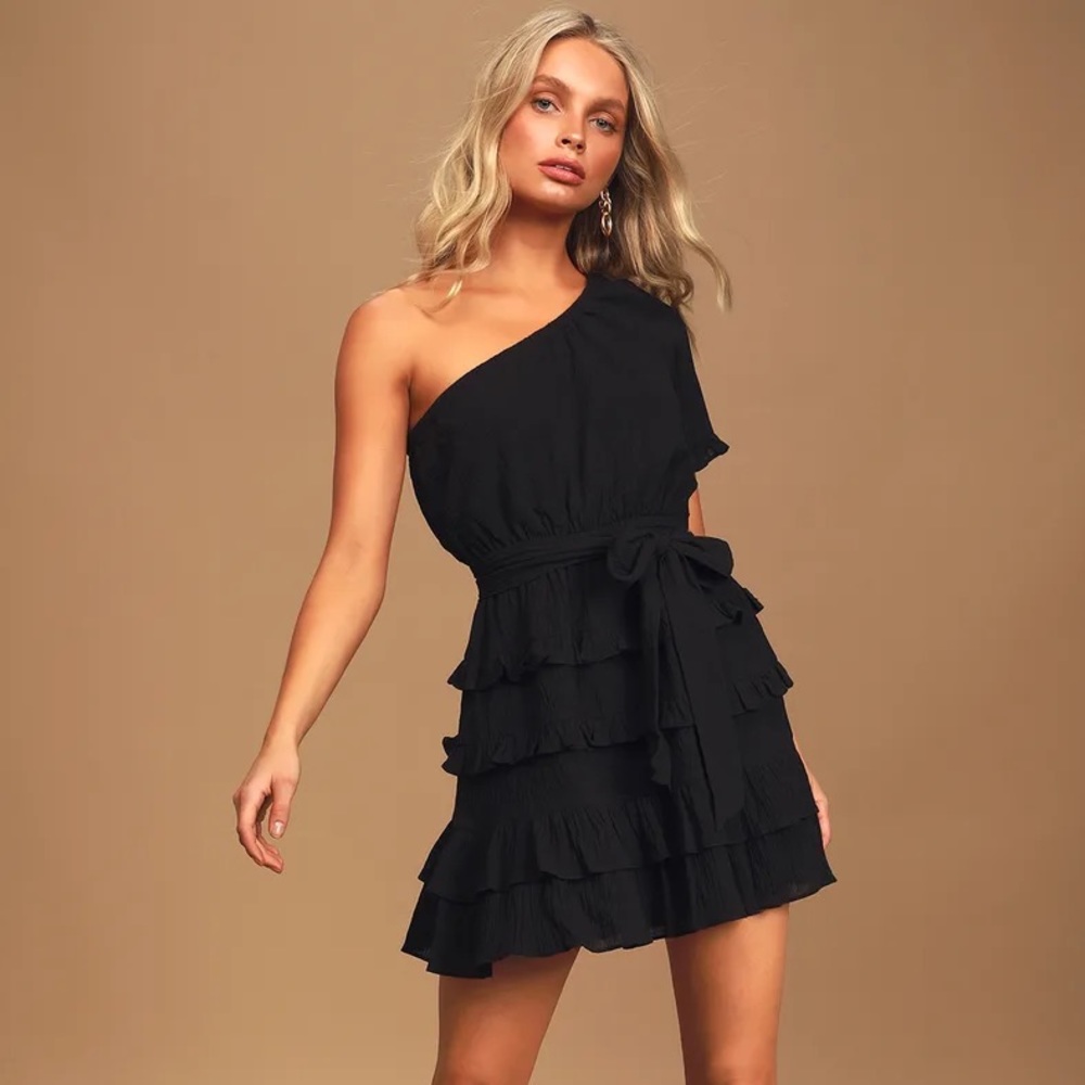 Lulus All the Love black one shoulder tiered ruffled mini dress